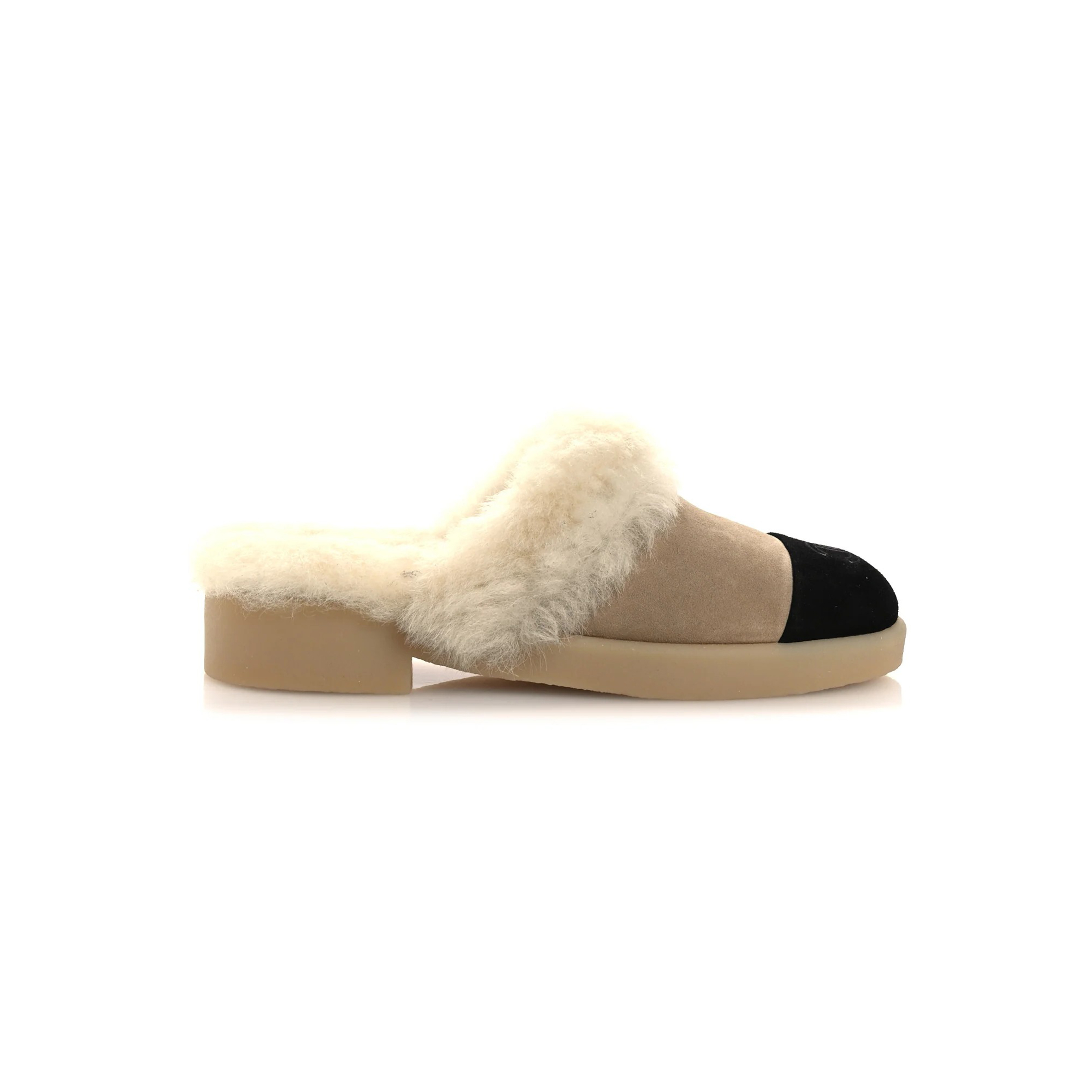 CHANEL SUEDE SHEARLING INTERLOCKING CC CAP TOE MULES